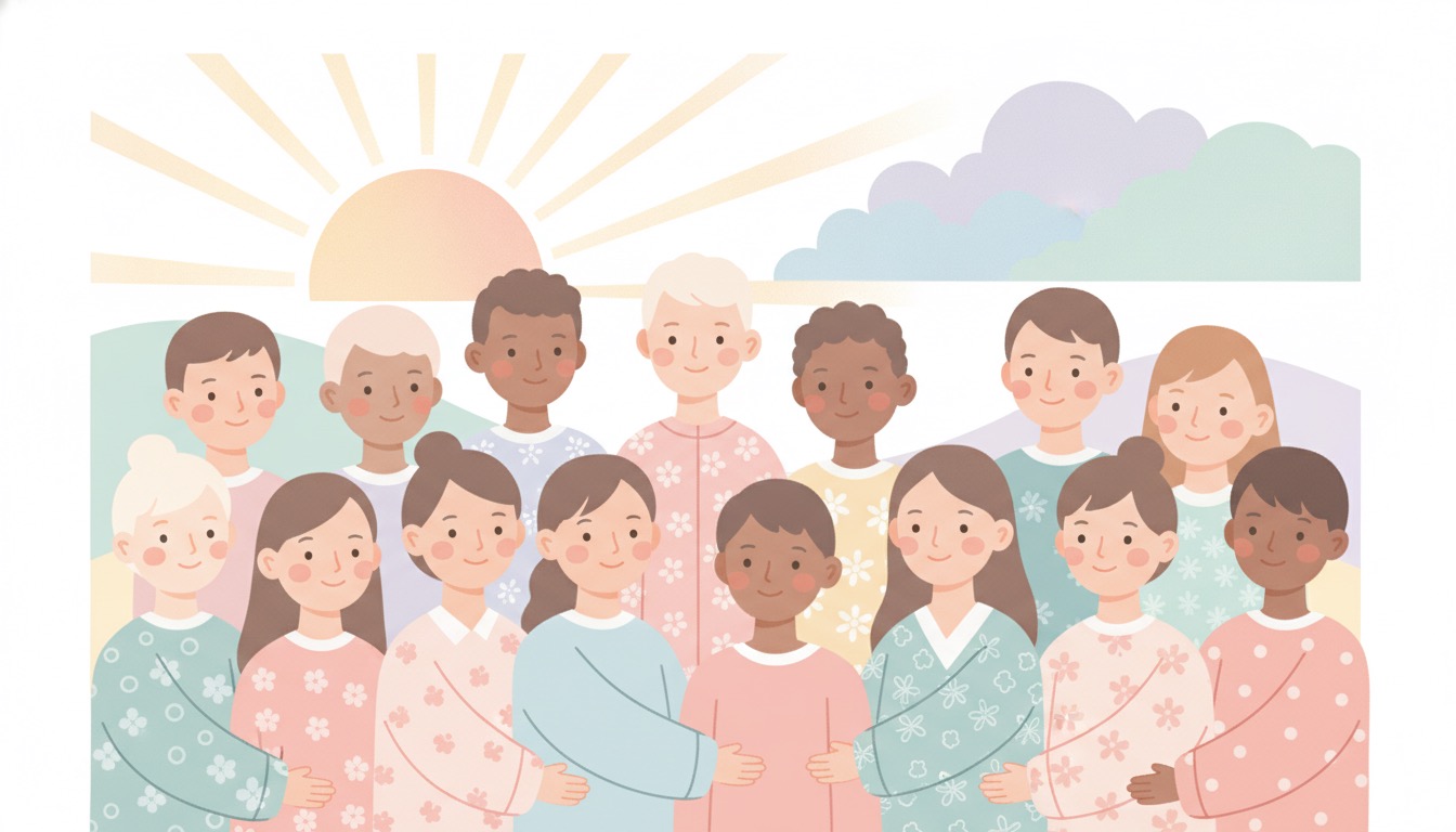 さまざまな肌の色の人々が太陽の下に集うイメージ