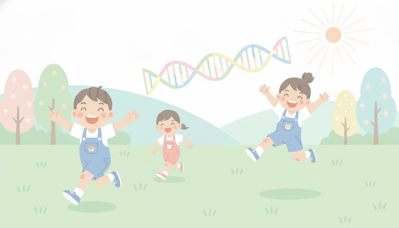公園で走り跳ぶ子どもたちと遺伝子のイメージ