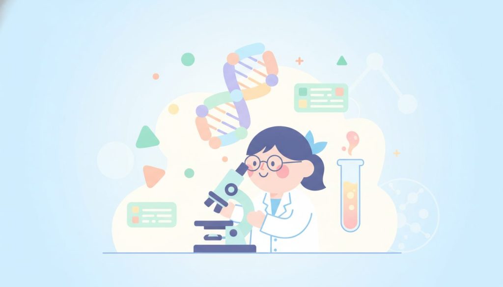 顕微鏡で遺伝子を解析する研究者とDNAのイメージ