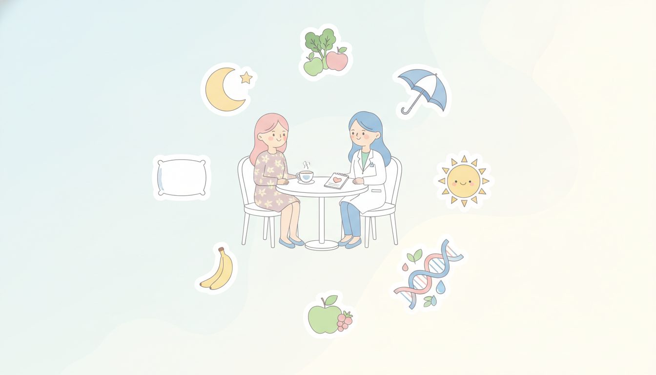 睡眠・食事・紫外線対策と専門家への相談を表すイラスト