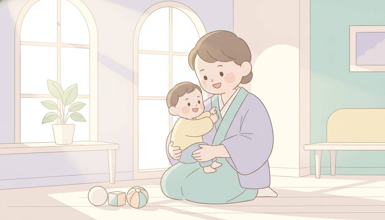 子どもの発達をやさしく見守る保護者のイラスト