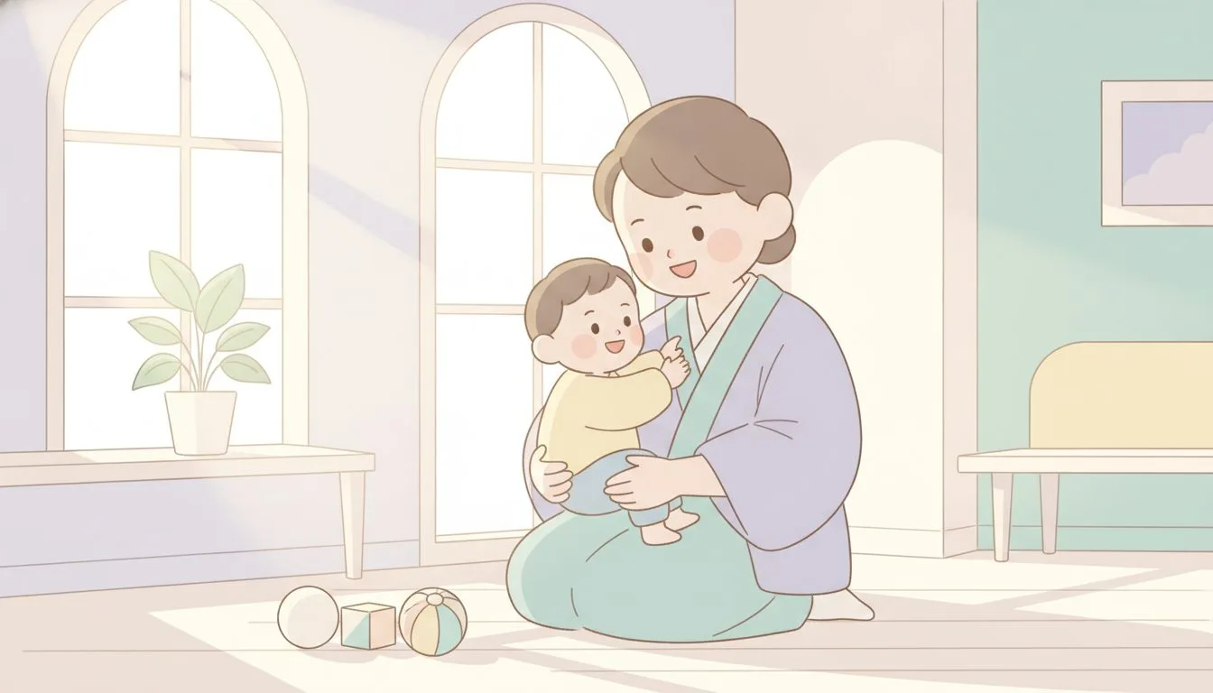 子どもの発達をやさしく見守る保護者のイラスト