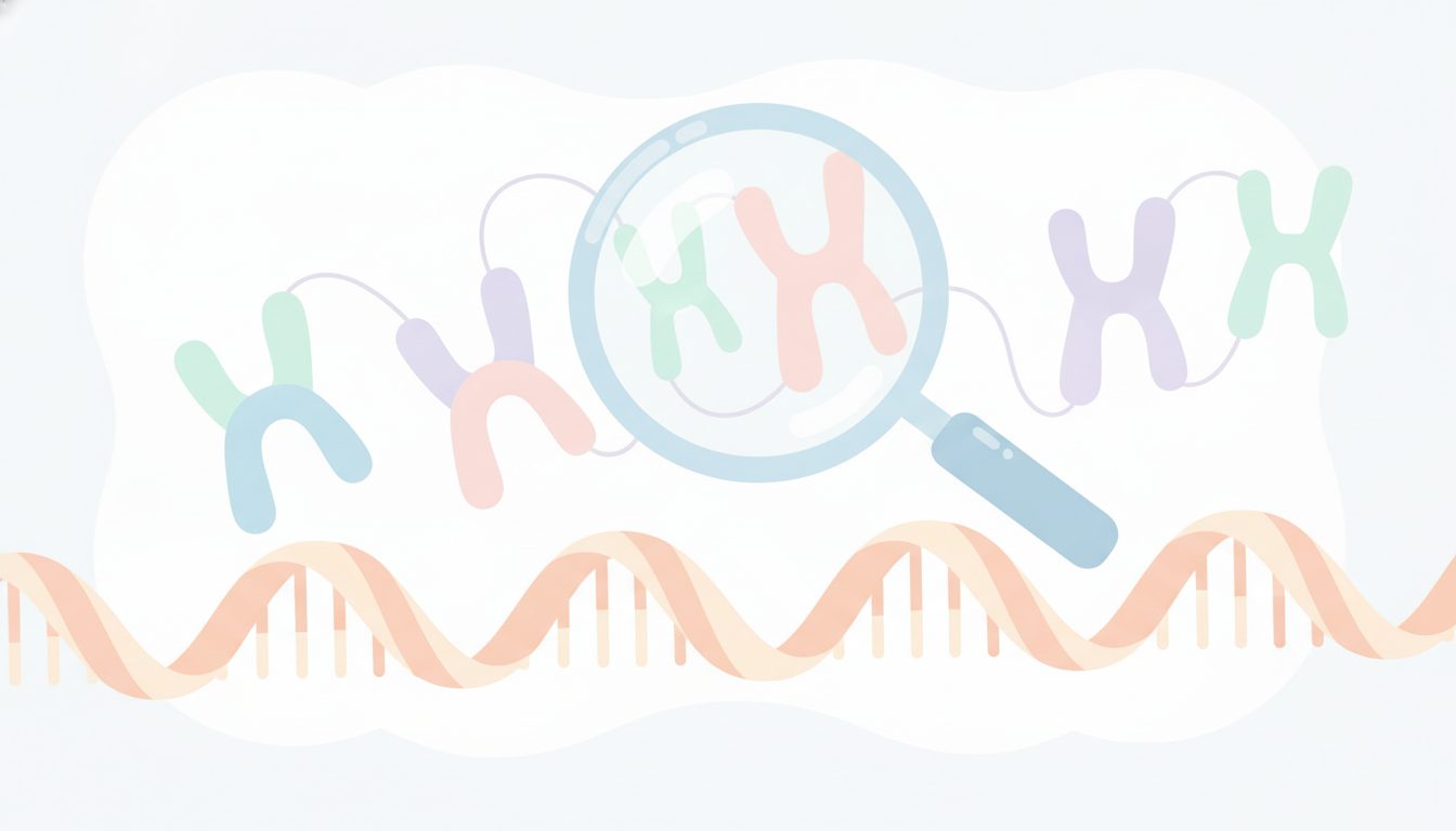 染色体とDNAを虫眼鏡で調べる検査のイメージイラスト