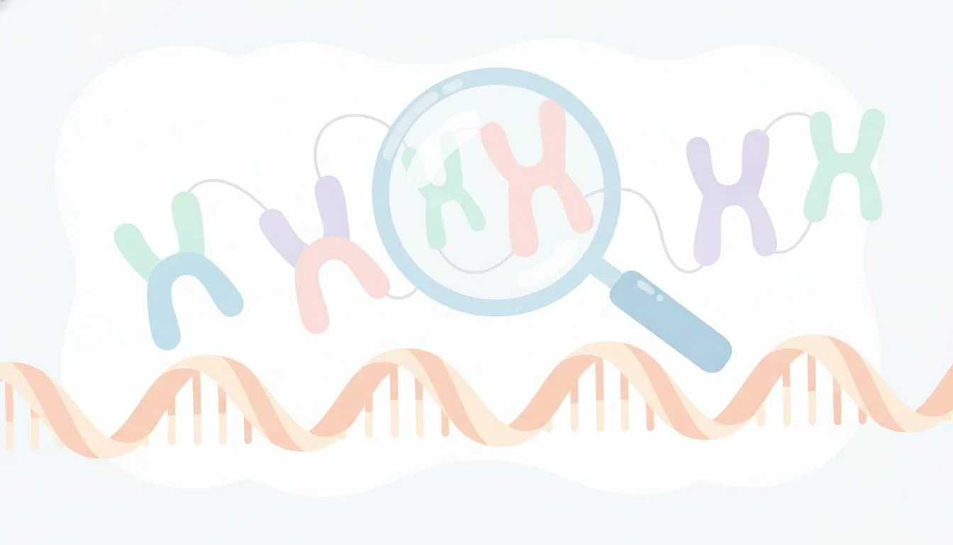 染色体とDNAを虫眼鏡で調べる検査のイメージイラスト