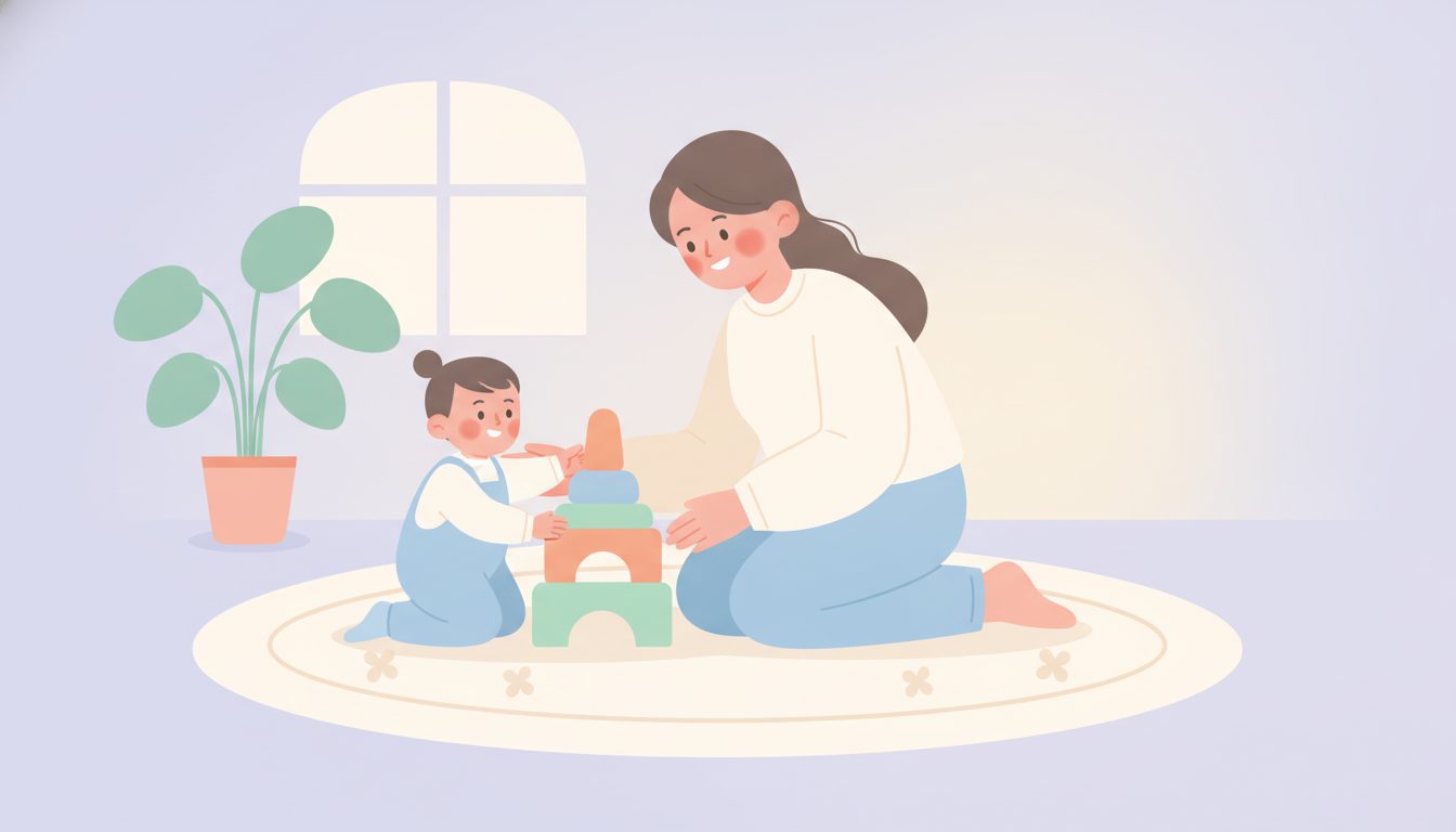 積み木遊びを通じて子どもの発達を支える療育のイラスト