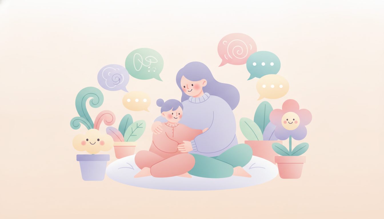 親子が寄り添い支援を受ける様子を表したイラスト