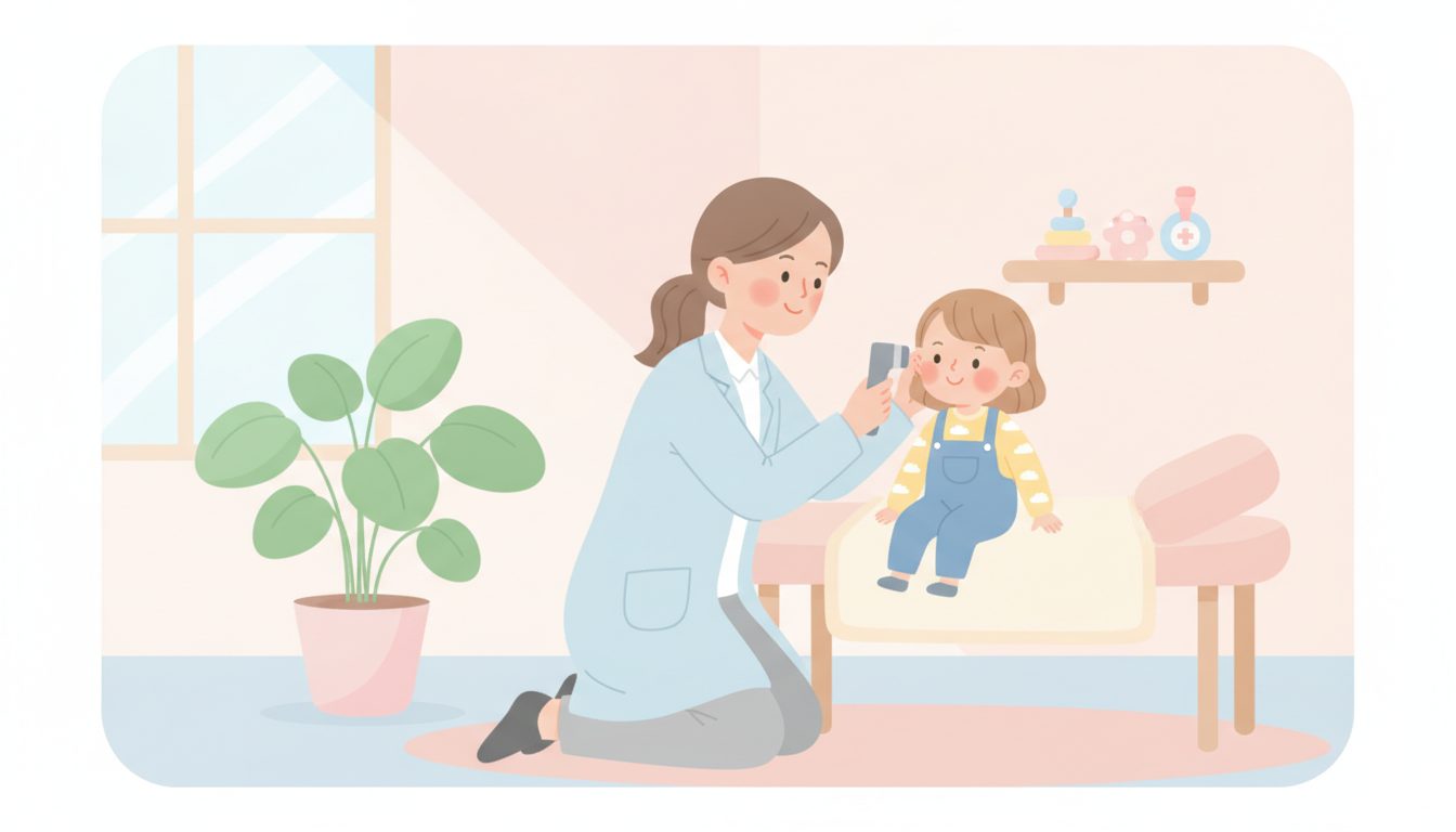 小児科医が子どもをやさしく診察するイラスト