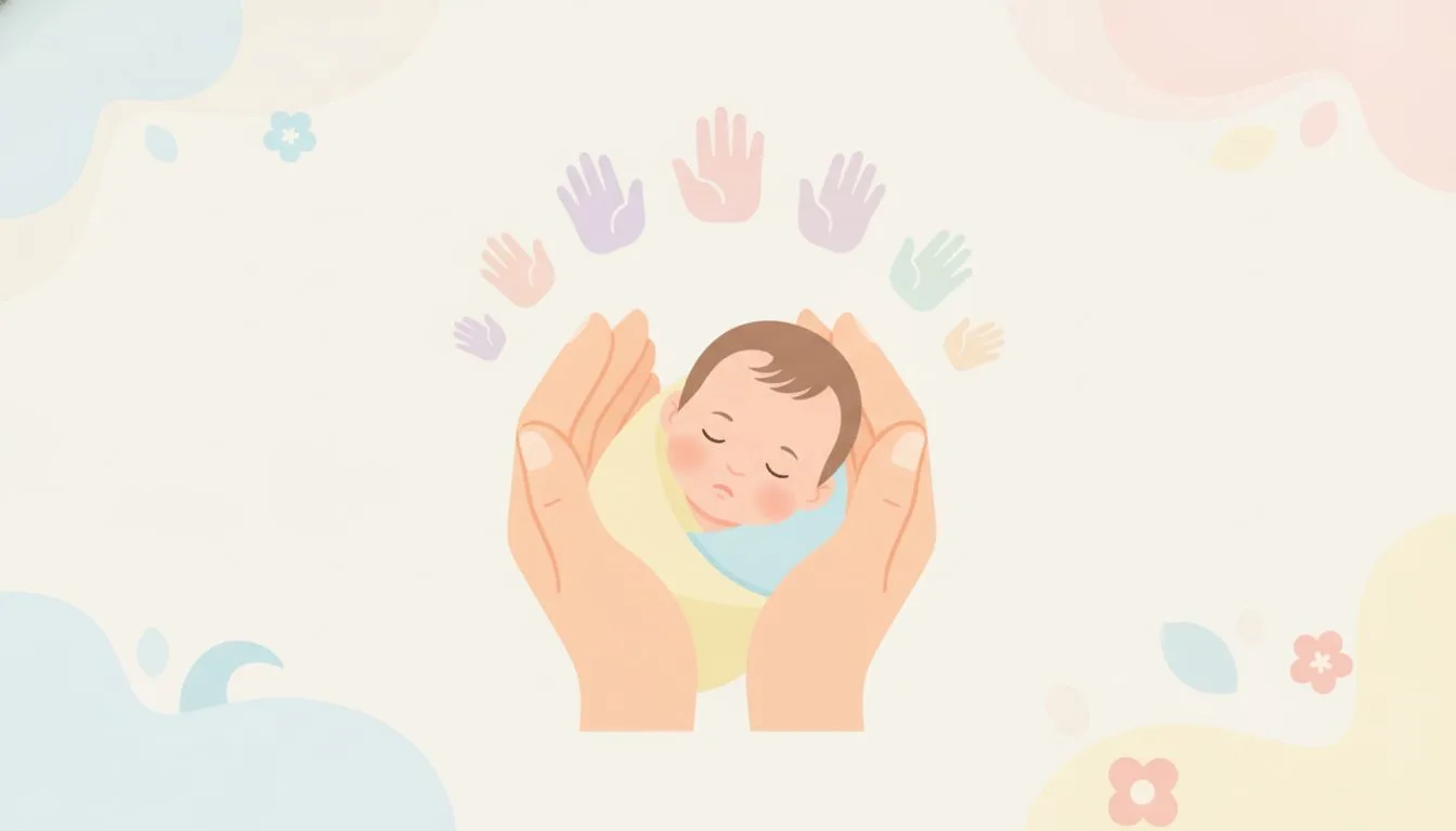 眠る赤ちゃんを大人の手が優しく包み込むイラスト