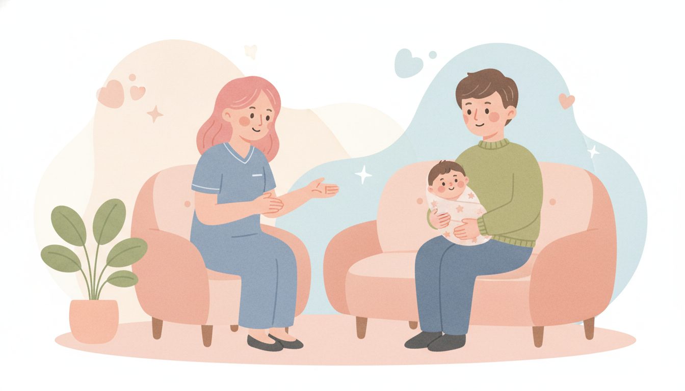 専門家が赤ちゃんを抱く保護者に寄り添い相談するイラスト