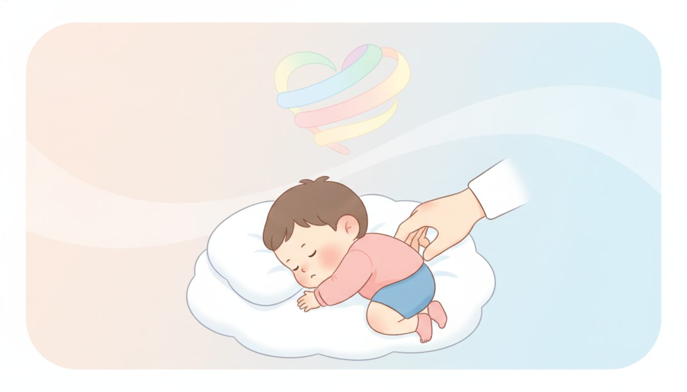 眠る乳児にそっと手を添える保護者と淡いハートのイラスト