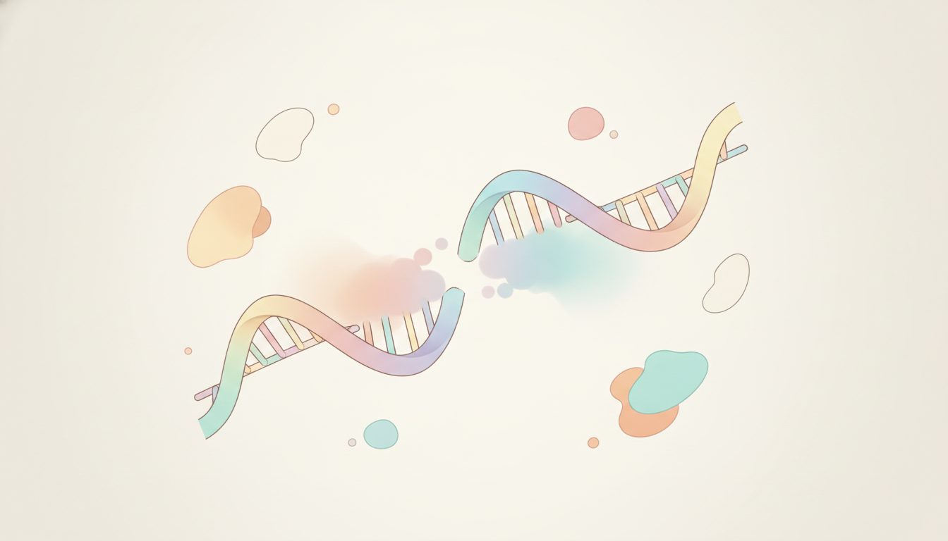 一部が欠けたDNA二重らせんを表す抽象的なイラスト