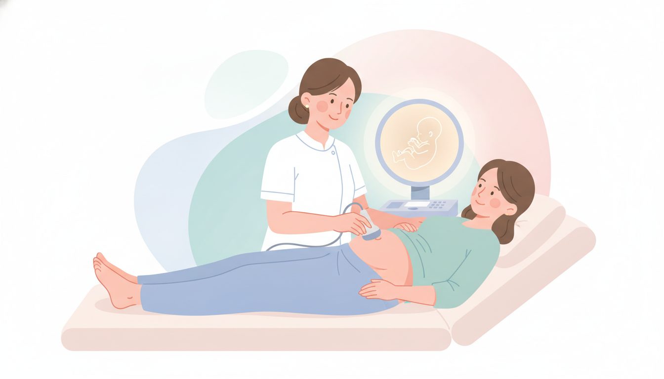 妊婦が超音波検査を穏やかに受けている出生前診断の図解