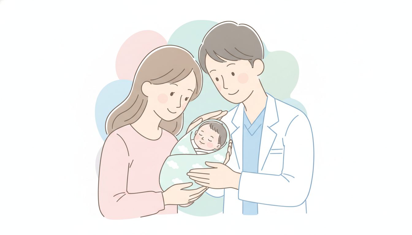 新生児を優しく抱く家族と医療者を描いた温かなケアの図解