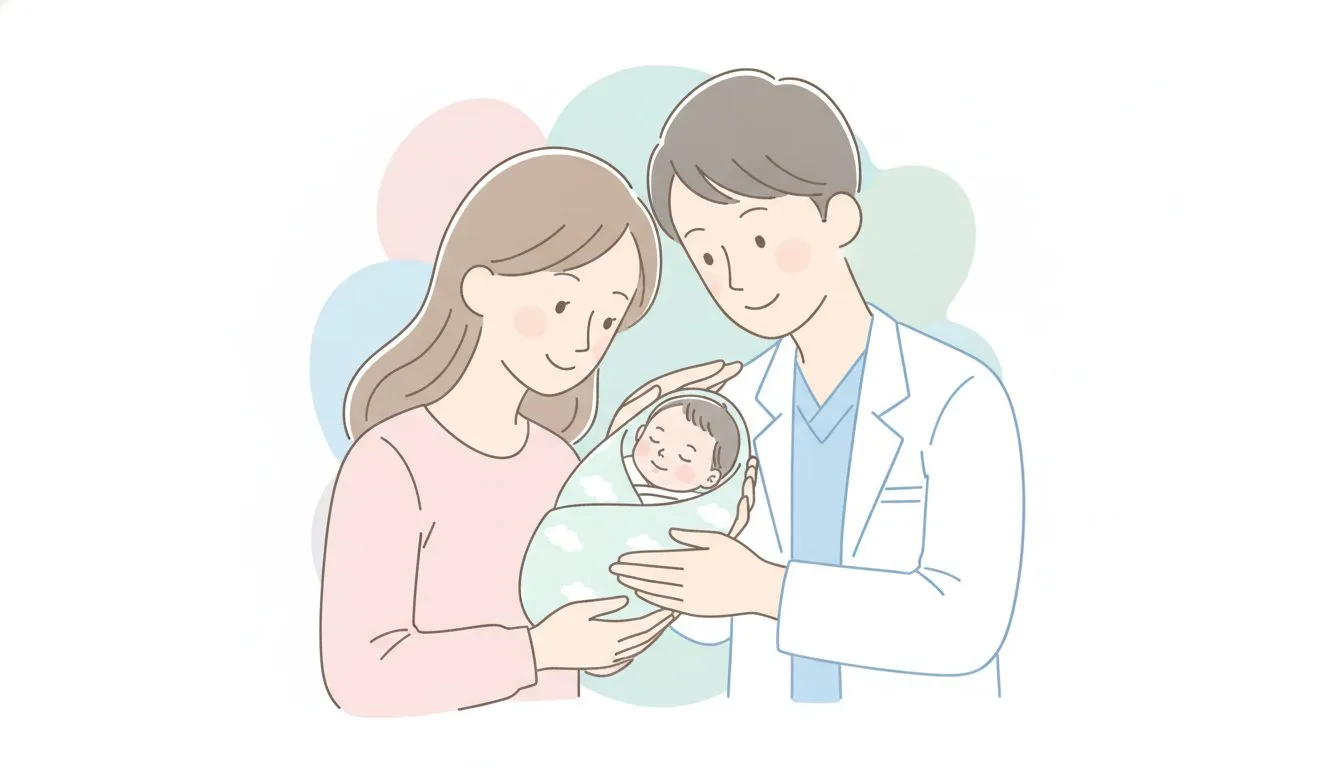 新生児を優しく抱く家族と医療者を描いた温かなケアの図解