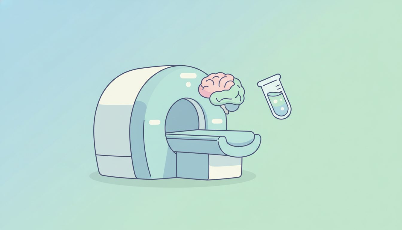MRI装置と脳・検査用試験管を描いた診断のイラスト