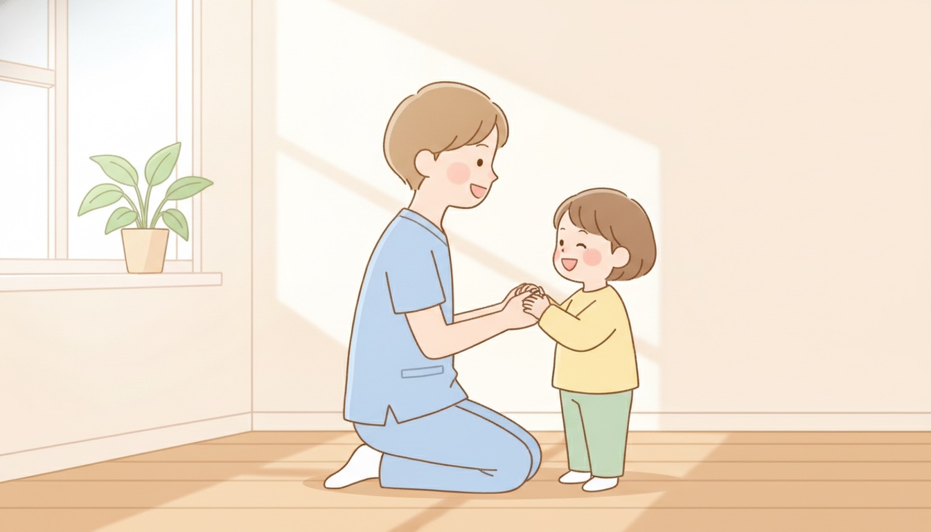 笑顔の子どもと向き合う医師による治療とケアのイラスト