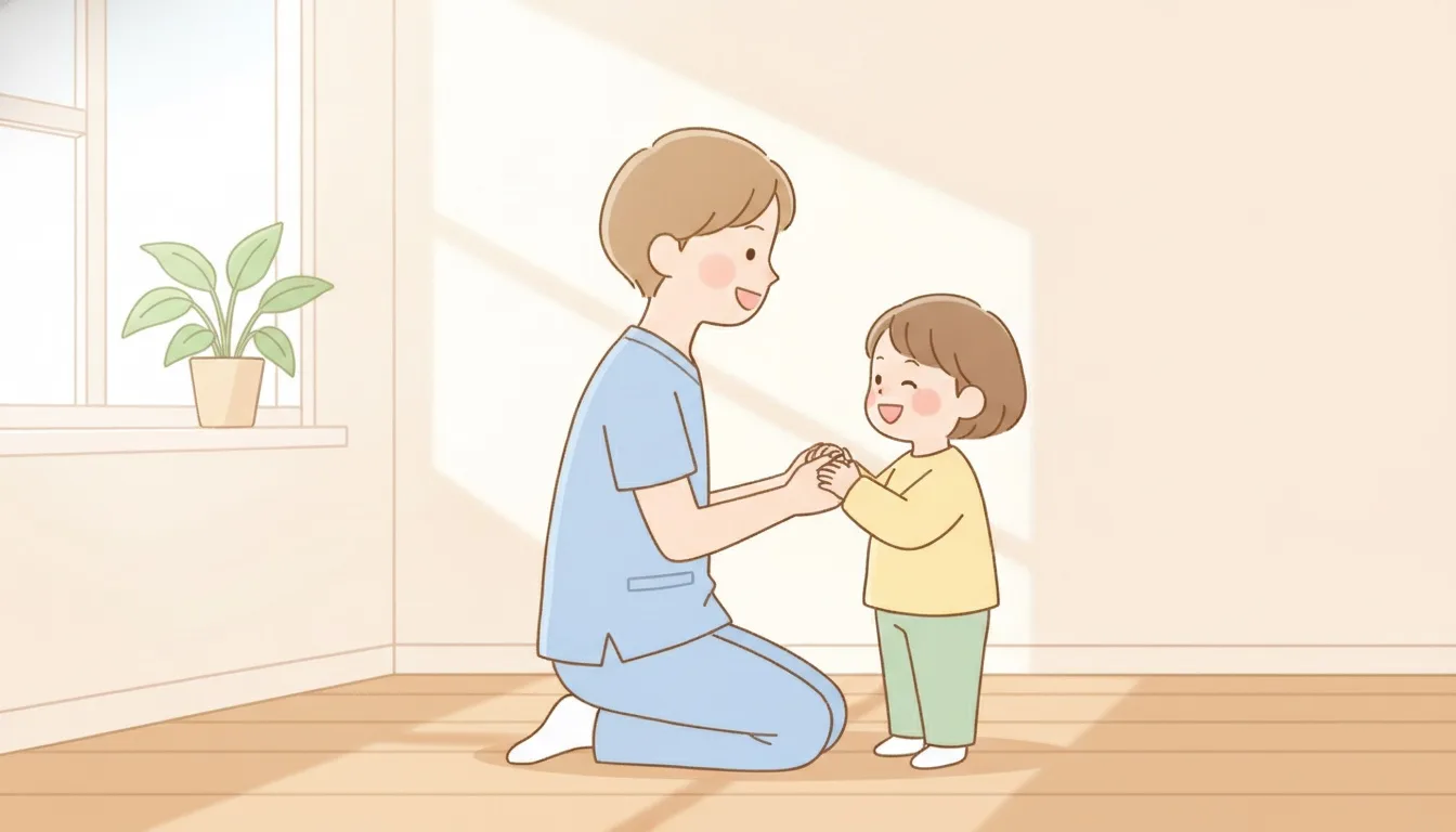 笑顔の子どもと向き合う医師による治療とケアのイラスト