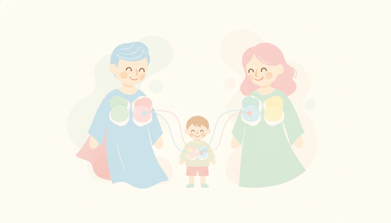 親から子へ遺伝が受け継がれる様子を表す親子と染色体のイラスト