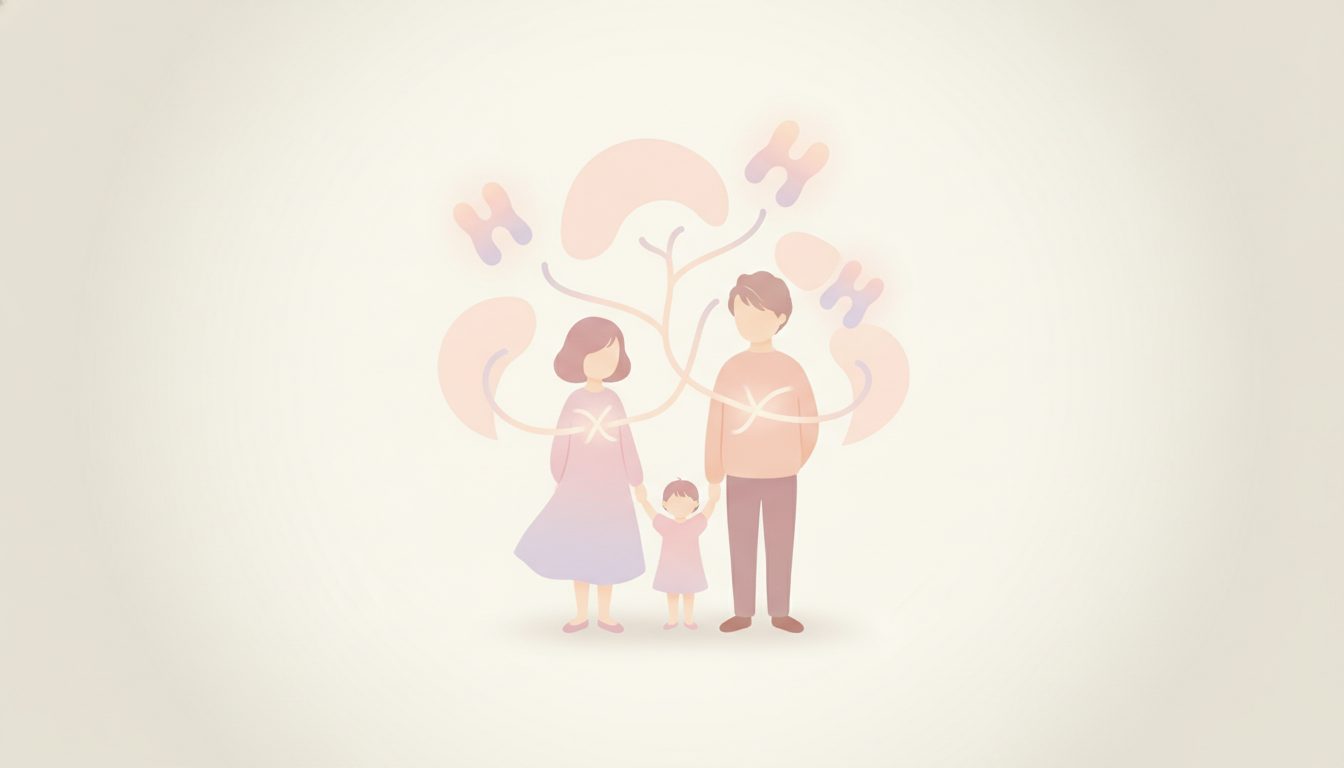 親から子へ形質が伝わる様子を表す家族と染色体のイラスト