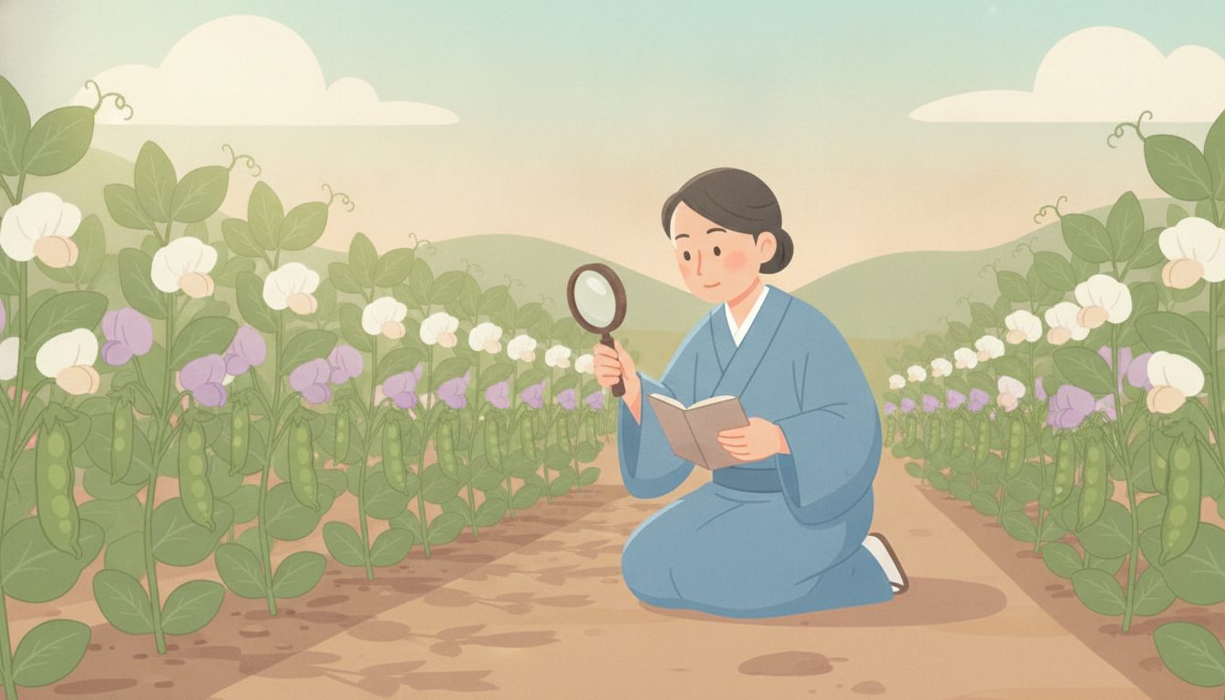 エンドウ豆を観察しながら遺伝の規則性を発見する研究者のイラスト