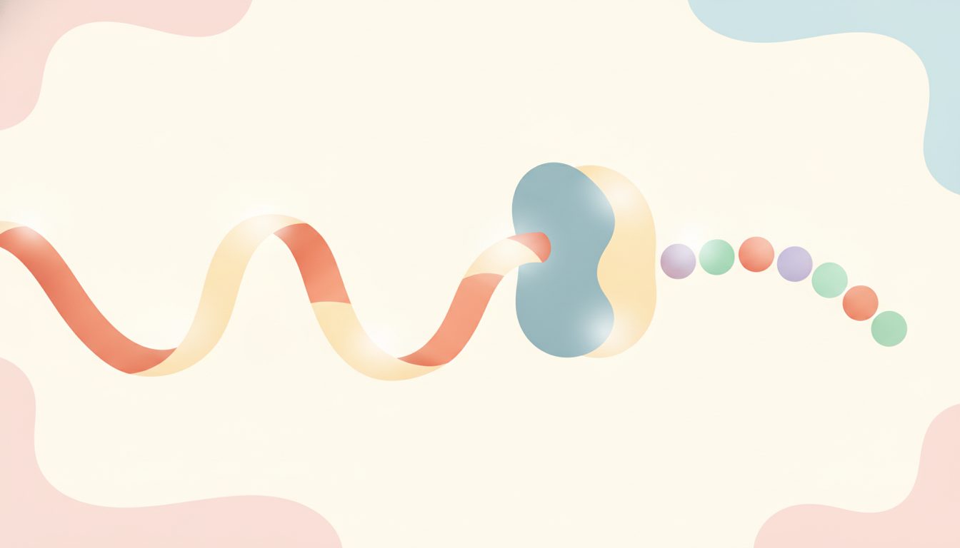 一本鎖のRNAとリボソームがタンパク質をつくる様子のイラスト