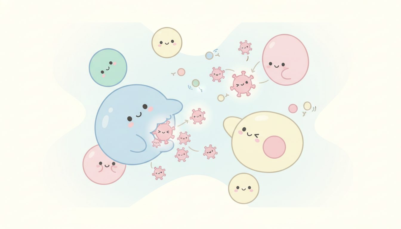 免疫細胞とウイルス粒子がやり取りする様子のイラスト