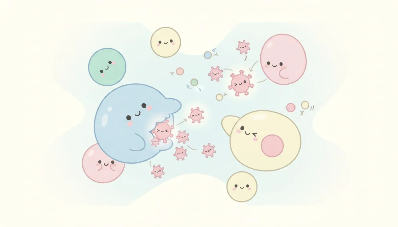 免疫細胞とウイルス粒子がやり取りする様子のイラスト