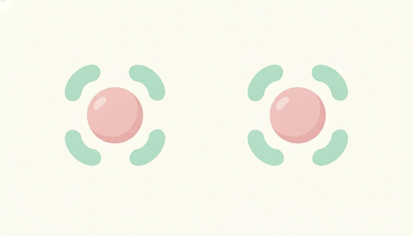 細胞の中心にある核と、その周りに浮かぶミトコンドリアのイラスト