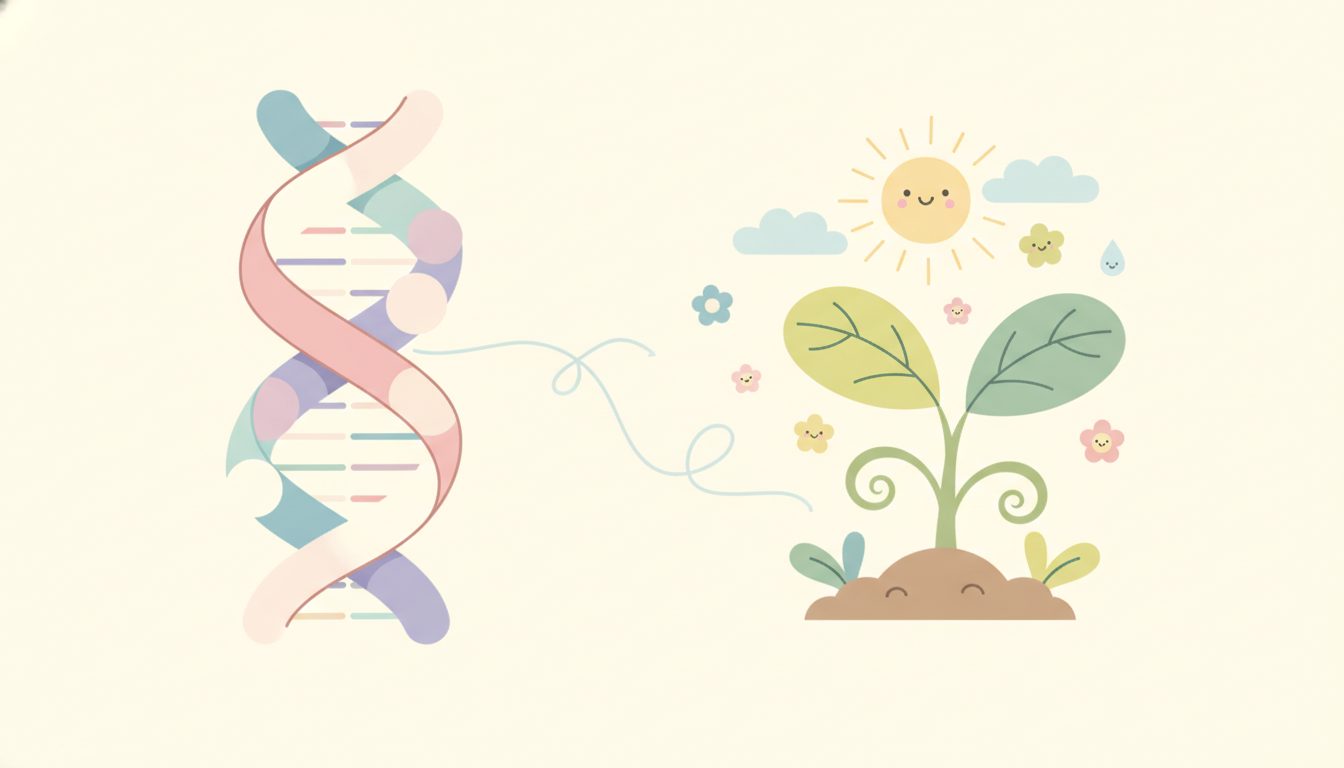 遺伝と環境の相互作用を表す、DNAと育つ植物のイラスト