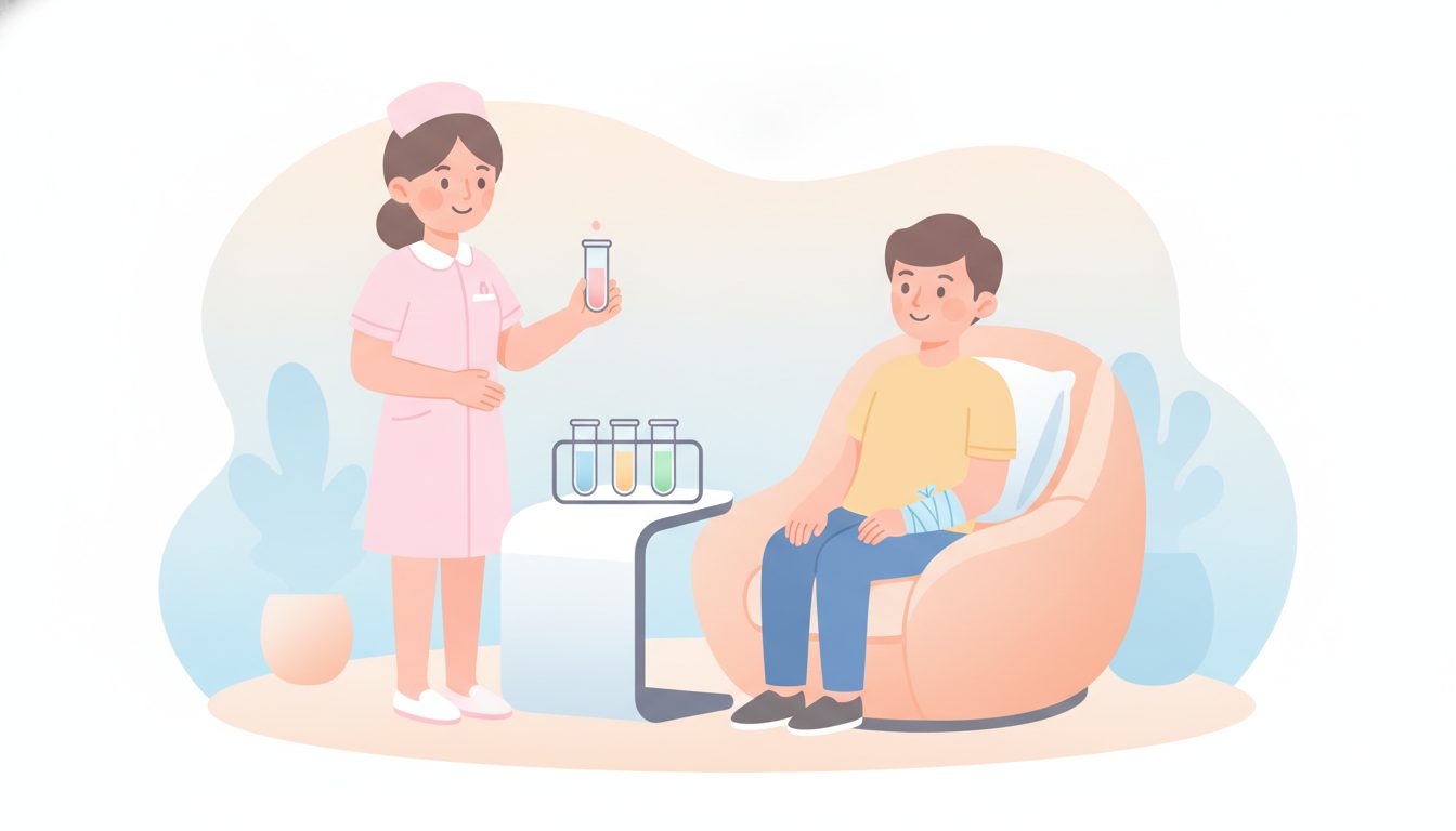 看護師がやさしく採血し、試験管を扱うイラスト