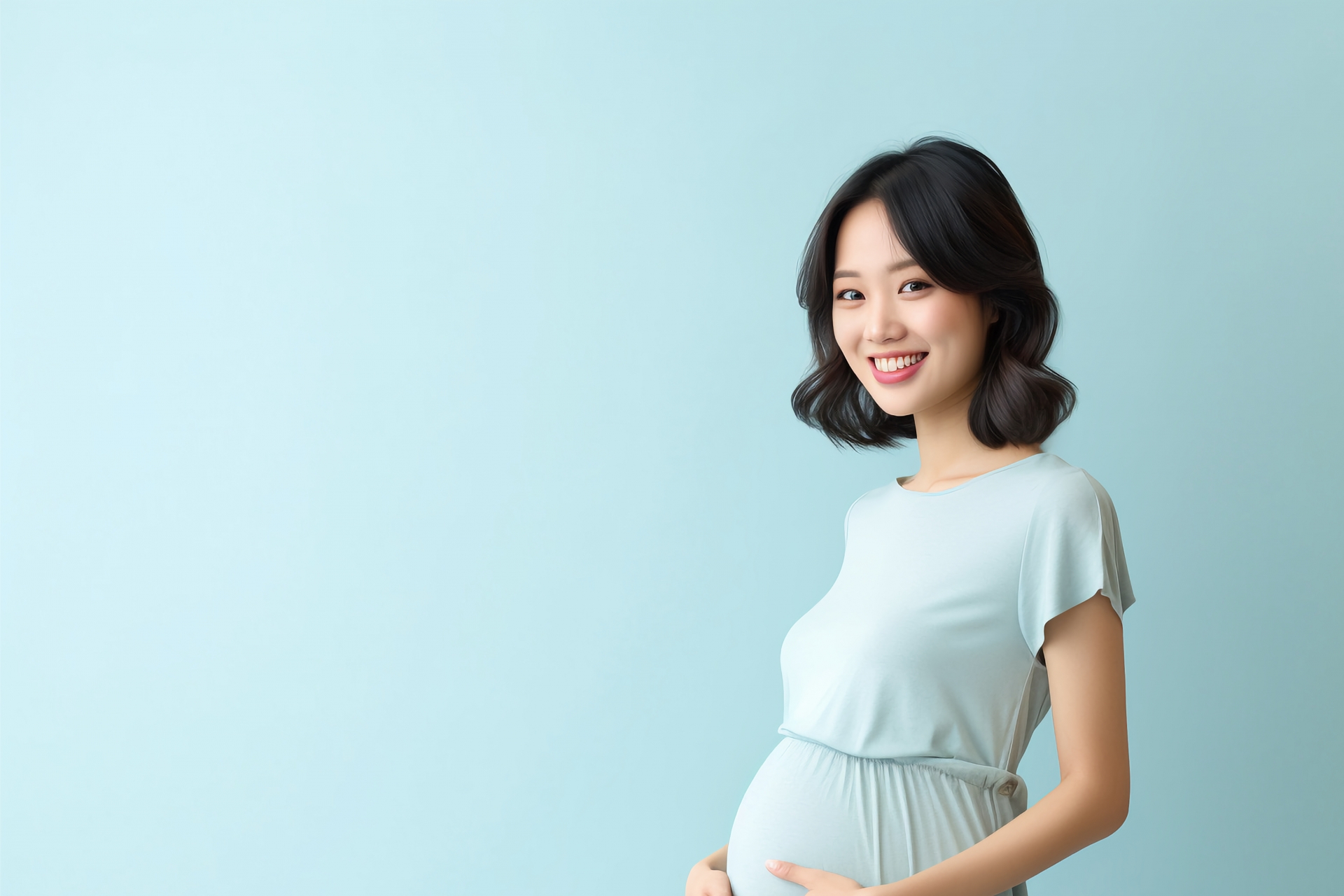 ブルーの服を着た妊娠中の若い日本人女性