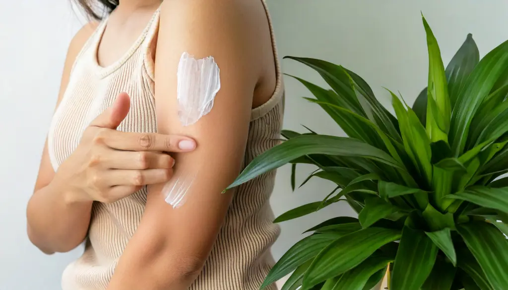 UVケアで腕に日焼け止めクリームを塗る女