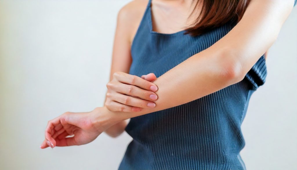 腕がかゆくてそれをかいている女性の手