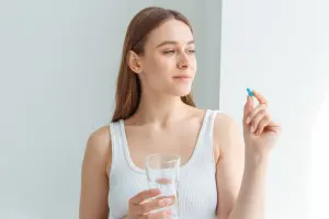 青いカプセル剤を持って遠くを見る女性