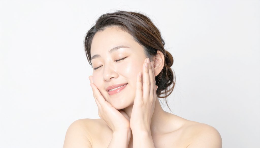 うるおう素肌の顔を包み込む女性