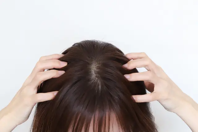 女性が頭皮をマッサージしている様子。写っているのは指先と頭頂部のみだが、健康な髪を育むためには、髪の表面だけでなく、頭皮と毛根にまで意図的なケアが必要であることを示唆している。