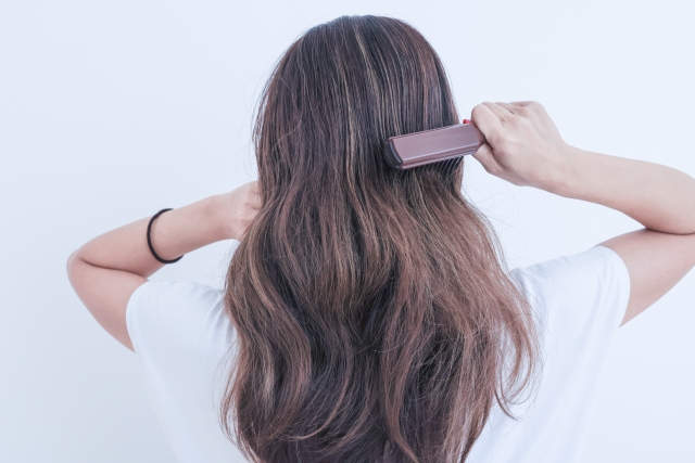 ブラウン系の髪をとかす女性の後ろ姿。髪は背中に垂れ、やや乾燥して艶が少なく、カラーリングや化学処理の影響がうかがえる。