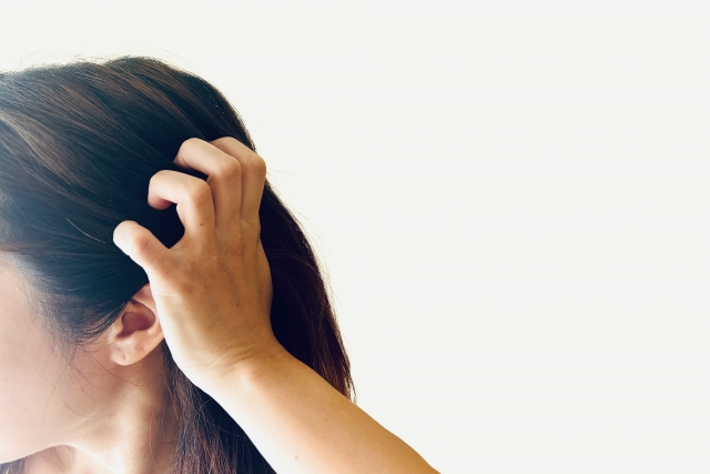 髪の毛にそっと手を通しながら頭皮の状態を確認している女性の後ろ姿。薄毛や頭皮ケアを意識した日常の一コマをイメージ。低出力レーザー療法（LLLT）による発毛促進を扱うコラムの導入部に最適なビジュアル素材