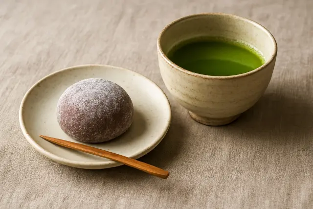 濃厚な抹茶と和菓子を並べた一服の茶席。落ち着いた土色のトーンが自然の恵みを感じさせ、抹茶に含まれるカテキンなどのポリフェノールが心身のリラックス、美容や抗酸化作用に寄与することを象徴するシーン。