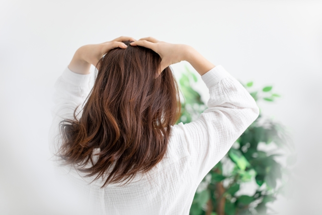 頭頂部に両手を当て、指を広げてブラウンに染めた髪を押さえる女性の後ろ姿。頭皮や薄毛への悩みを示唆する仕草。女性型脱毛症や低出力レーザー療法（LLLT）の効果に関連した場面イメージ