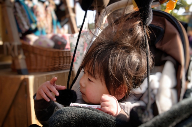 静電気によって髪が逆立つ幼児がベビーカーに座り、横を見つめる様子。乾燥した空気と衣服の摩擦により髪の帯電が可視化された瞬間。髪と静電気の関係を示す日常的な一場面。