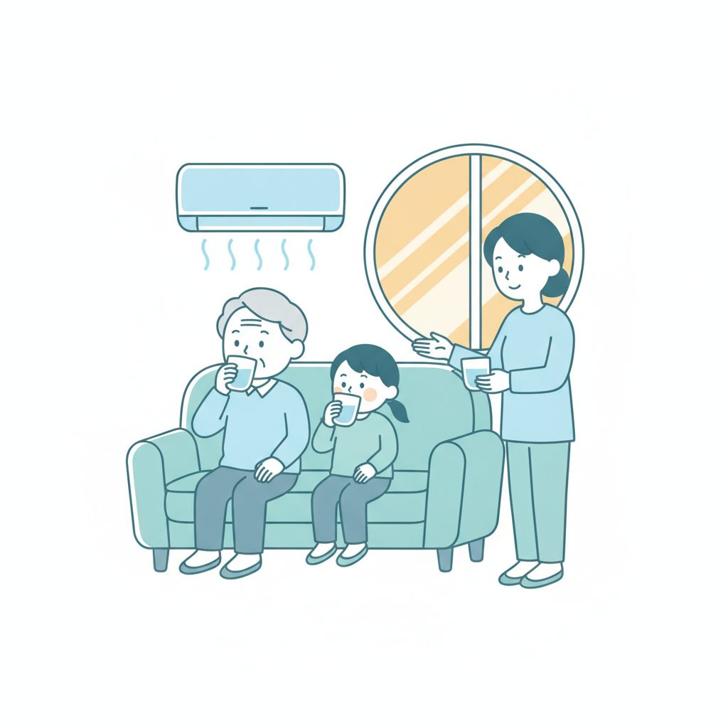 高齢者と子どもが室内でエアコンと水分補給をする熱中症予防イラスト