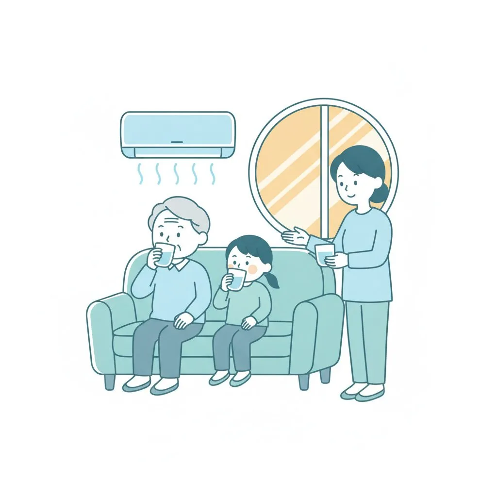 高齢者と子どもが室内でエアコンと水分補給をする熱中症予防イラスト