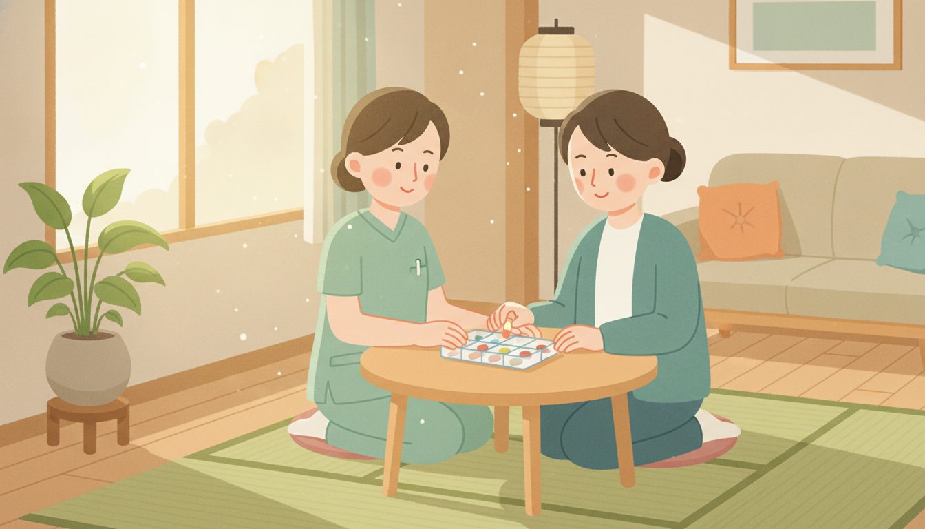 自宅を訪れた訪問看護師が利用者と一緒に一週間分の薬を整理している様子