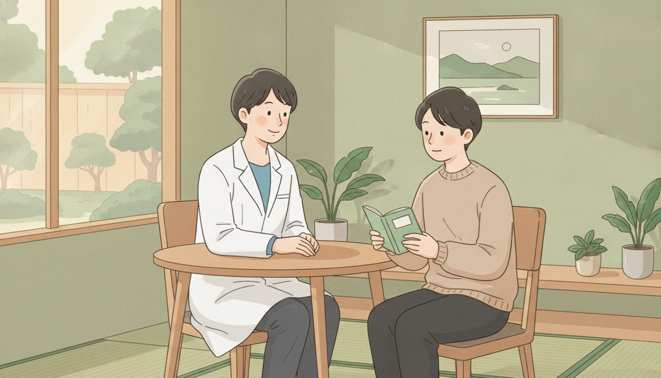 診察室で医師が気分の記録ノートを持つ患者の話を聞いている様子のイラスト