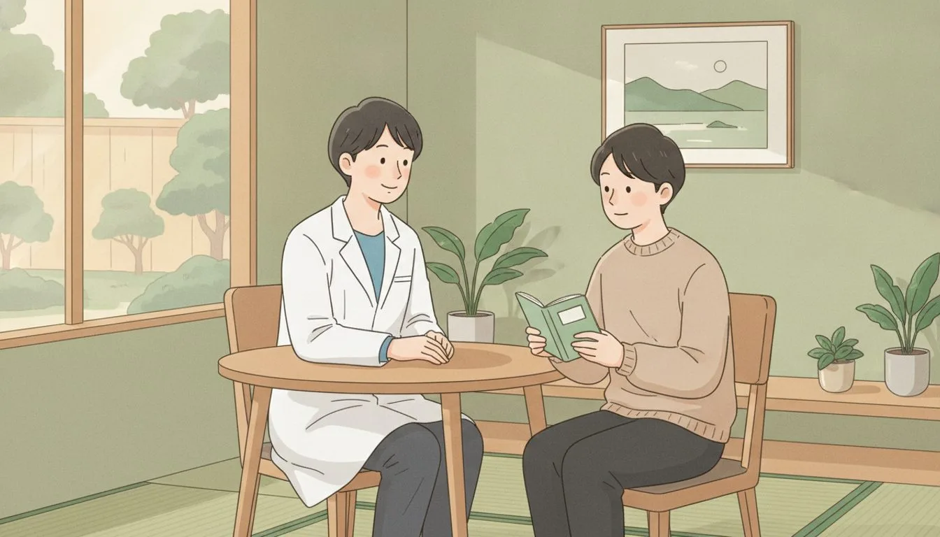 診察室で医師が気分の記録ノートを持つ患者の話を聞いている様子のイラスト