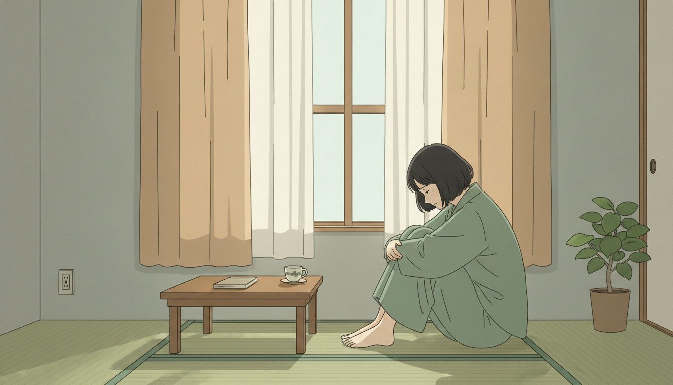 カーテンを閉めた薄暗い部屋で膝を抱えて座り込む人物のイラスト