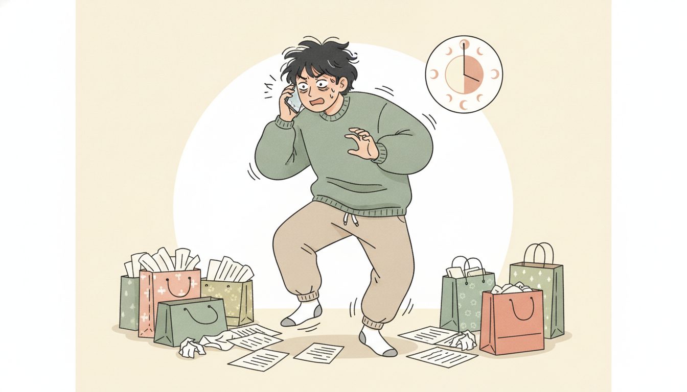 眠らずに電話をかけ続け、買い物袋に囲まれて落ち着かない様子の人物のイラスト