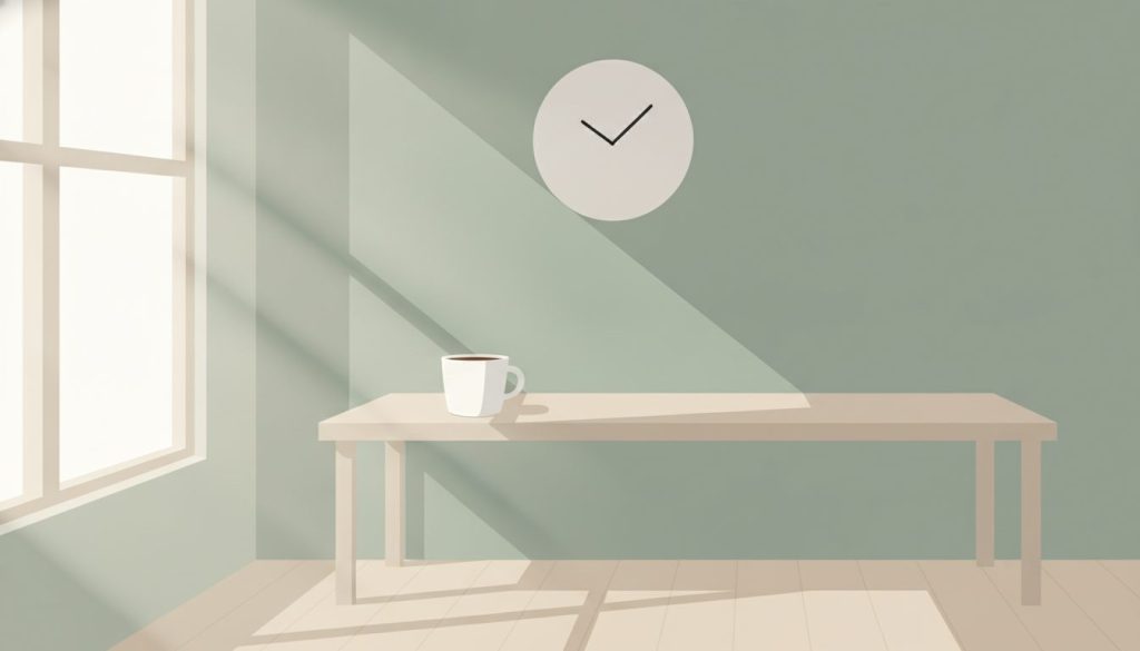窓際の机に置かれたコーヒーカップと壁掛け時計のイラスト