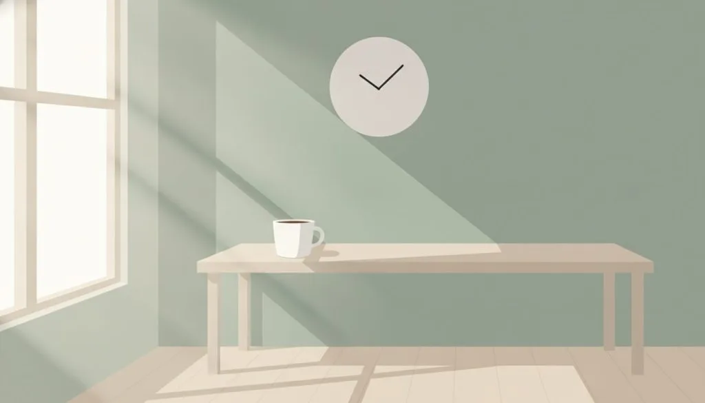 窓際の机に置かれたコーヒーカップと壁掛け時計のイラスト
